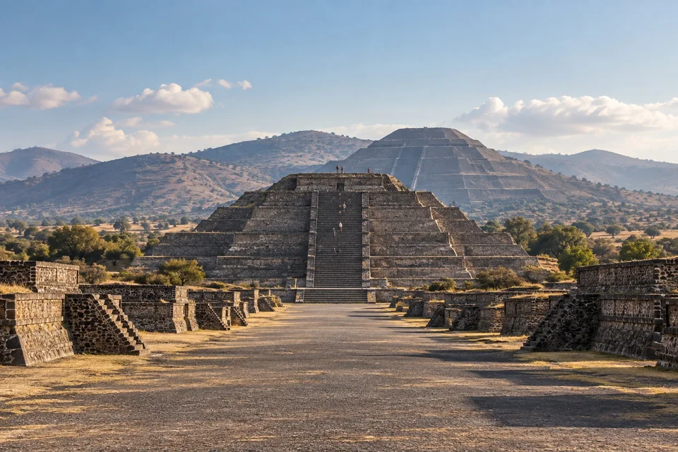Ancient stepped pyramid at the end of a stone avenue; visualisation