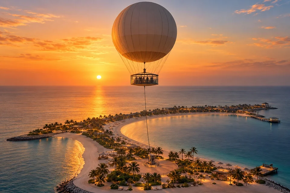 Tethered helium balloon rising above a crescent island at sunset; visualisation