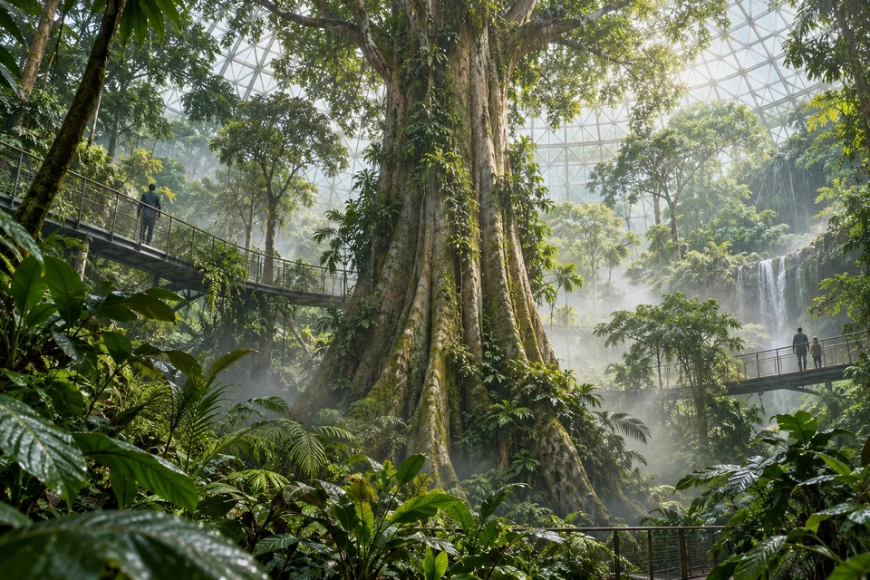 Giant kapok tree rising through misty foliage in a glass biodome; visualisation