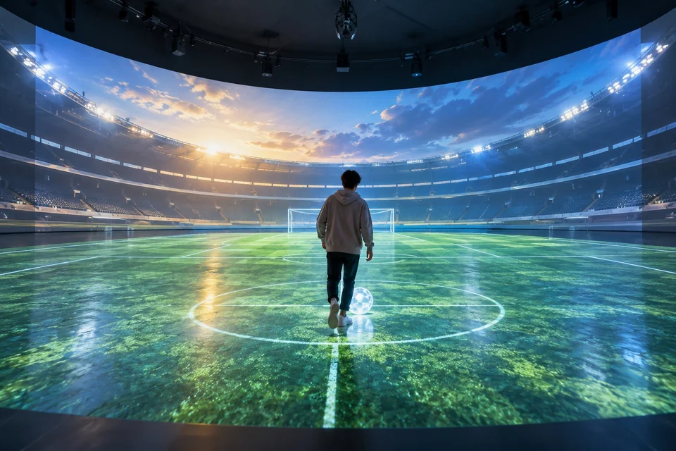 Visitor stepping onto a projected glowing football pitch, from behind; visualisation