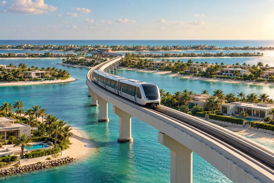 Elevated monorail curving over a palm-shaped island; visualisation