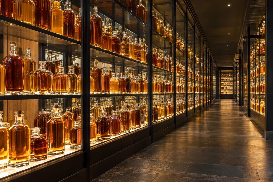 A long gallery of lit glass shelves holding thousands of whisky bottles