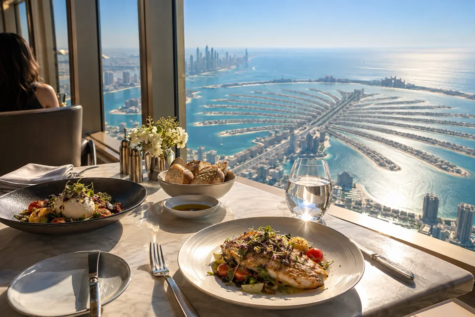 Window-side lunch table at 240 metres in The View at The Palm, with Palm Jumeirah beyond