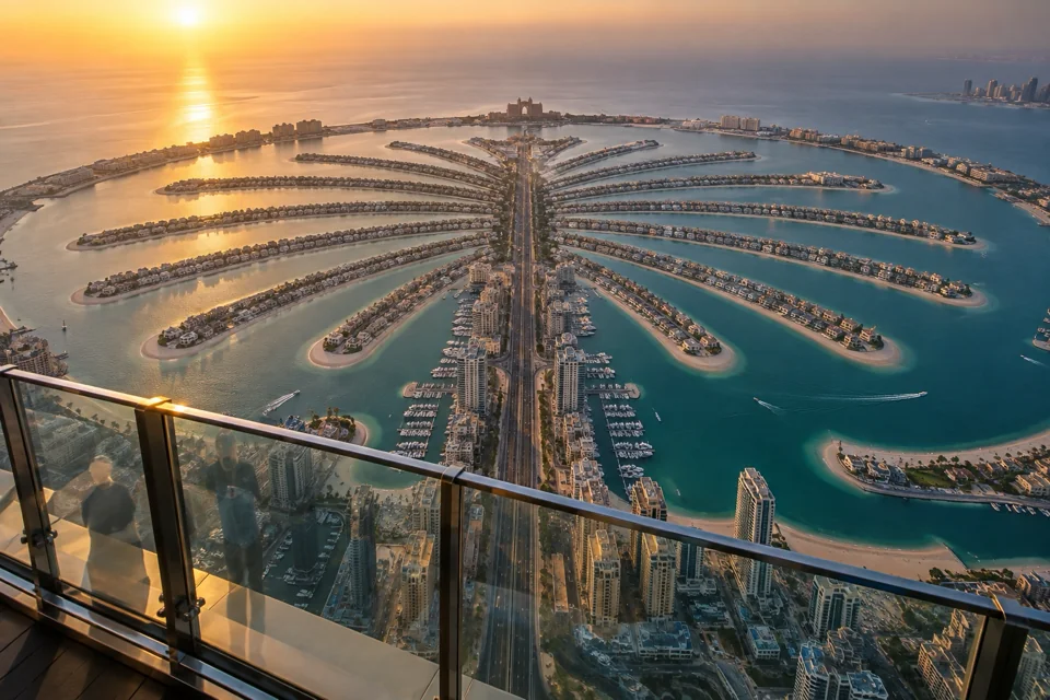 Palm Jumeirah's palm shape at sunset from The View at The Palm observation deck