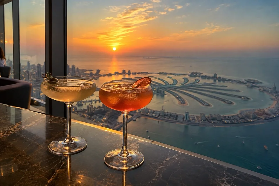 Two cocktails on the 52nd floor of The View at The Palm at sunset, Palm Jumeirah below