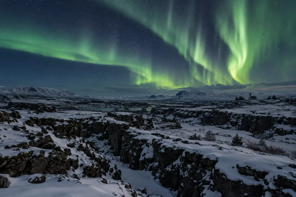 Green northern lights above the snowy lava fissures of Thingvellir National Park