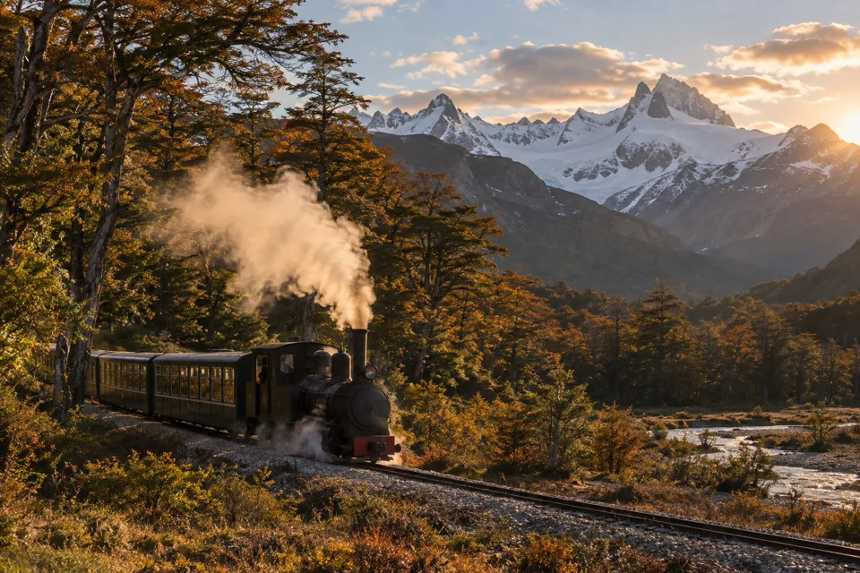 End of the World steam train running through the forest in Tierra del Fuego National Park