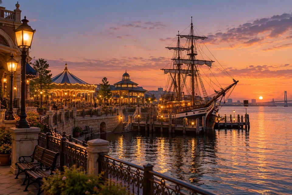 Nautical-themed amusement park harbour with a tall ship replica at dusk; visualisation