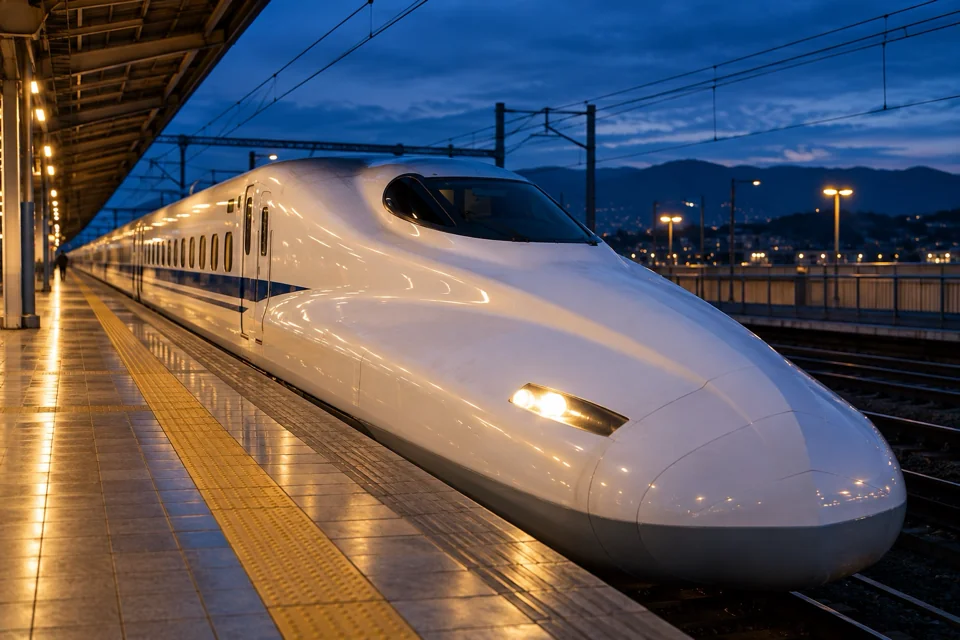 Mavi saatte sessiz bir peronda bekleyen Shinkansen hızlı treninin uzun burnu