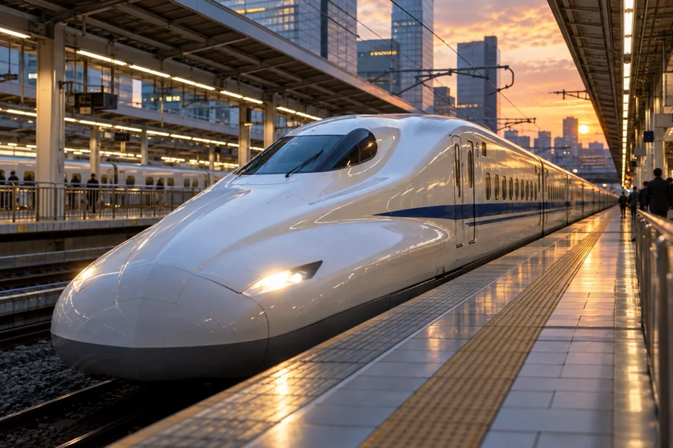 White and blue-striped Shinkansen bullet train pulling into a Tokyo platform in evening light