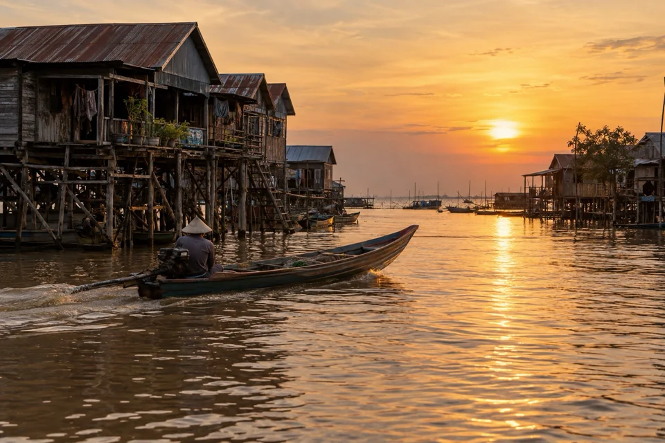 Wooden boat passing the stilt houses of a floating village on Lake Tonle Sap at sunset