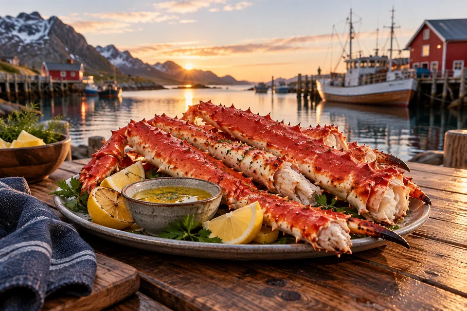 King crab legs with butter on a harbour dock table; visualisation