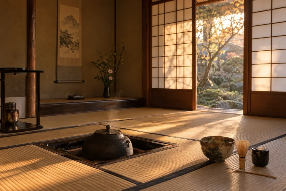 Iron kettle over the hearth, matcha bowl and bamboo whisk in a Kyoto tea room