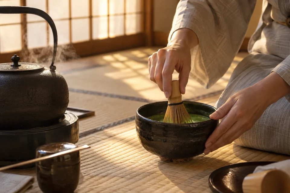 Matcha whisked with a bamboo whisk in a black raku bowl on tatami at a Nara tea ceremony