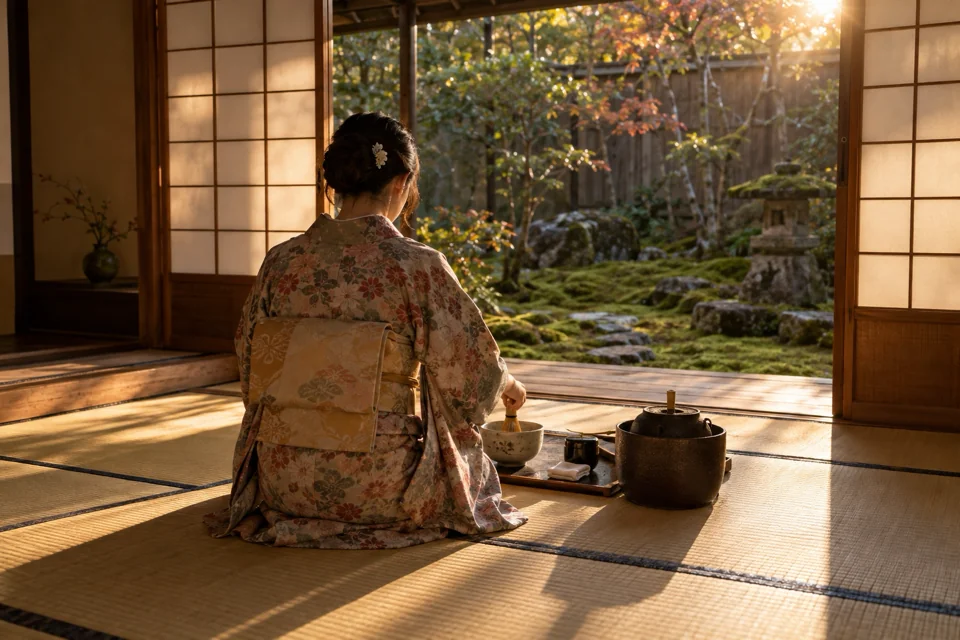 Woman in a kimono preparing matcha on tatami, seen from behind, a moss garden through the doorway