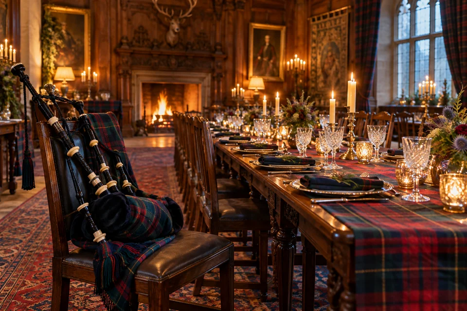A Scottish gala hall with tartan-covered tables, candles and bagpipes resting on a chair