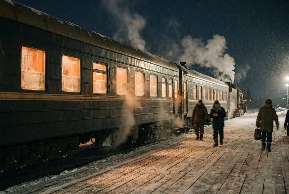 Passenger train with glowing windows at a snowy Siberian platform at night, visualization