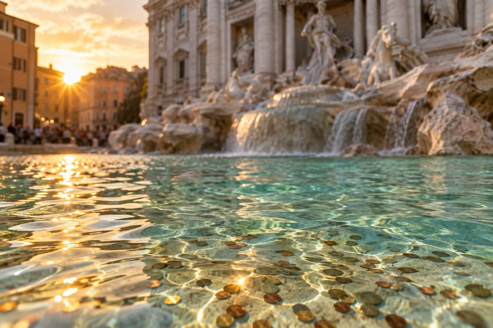Coins glinting on the floor of the turquoise basin of the Trevi Fountain in Rome