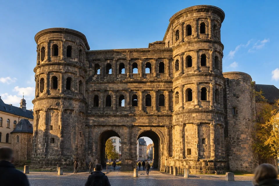 The dark sandstone Roman gate Porta Nigra and its square in Trier, visualization