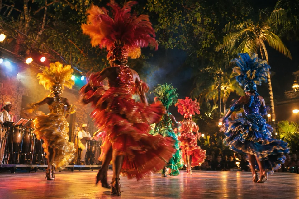 Cabaret dancers in sequinned costumes on the open-air stage of Tropicana Club in Havana