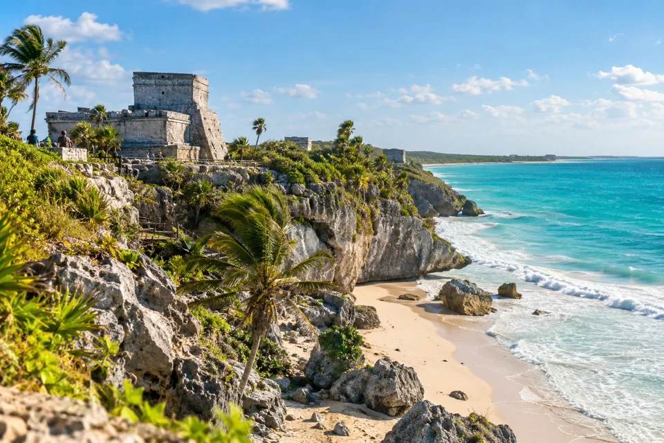 Maya ruins on a clifftop in Tulum above a white sand cove and the turquoise Caribbean Sea, visualization
