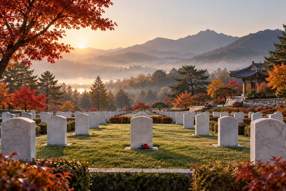 Rows of white headstones with a single red flower in morning mist; visualisation