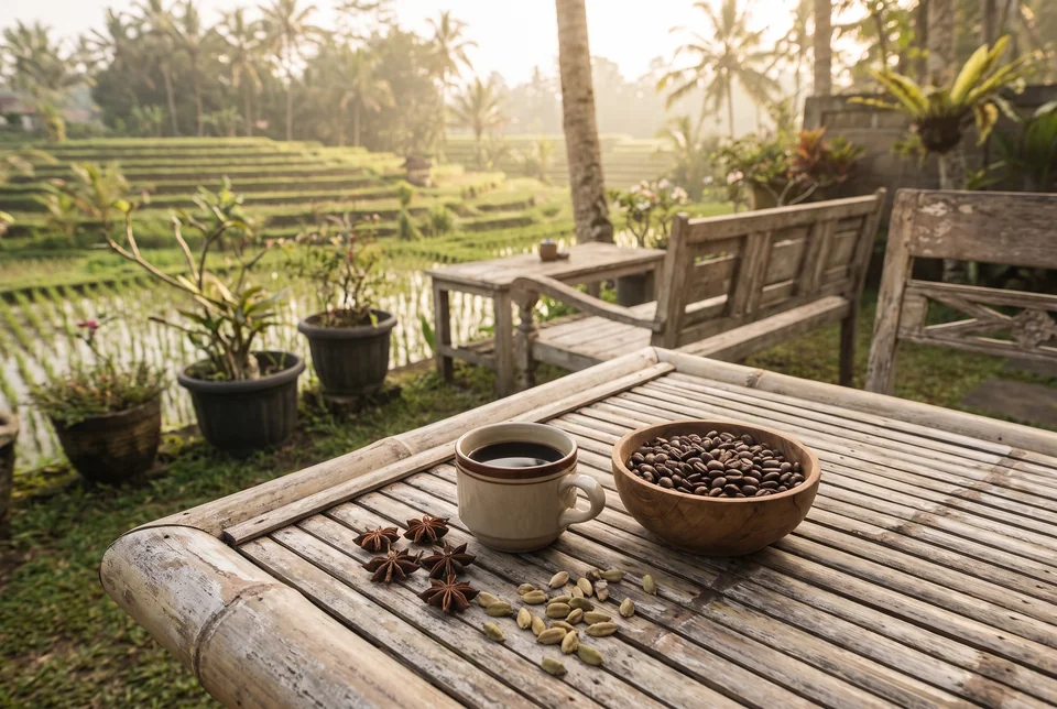 Coffee beans and a cup on a bamboo table with rice terraces in Ubud, visualization