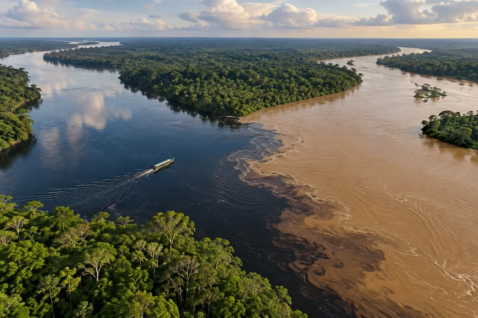 Two rivers of different colours meeting in the rainforest, aerial; visualisation