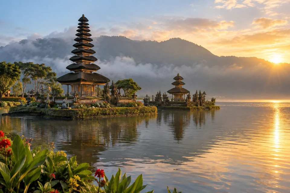 Tiered meru towers of Ulun Danu Beratan Temple above Lake Bratan at sunrise