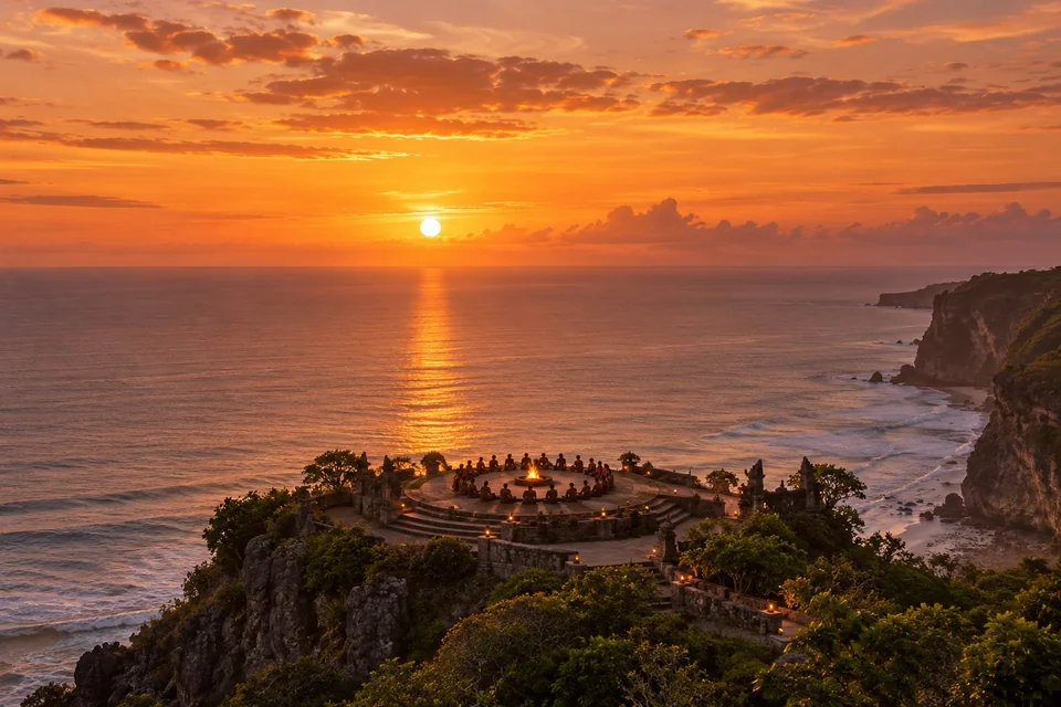 Kecak performers seated around a fire on a clifftop at sunset; visualisation