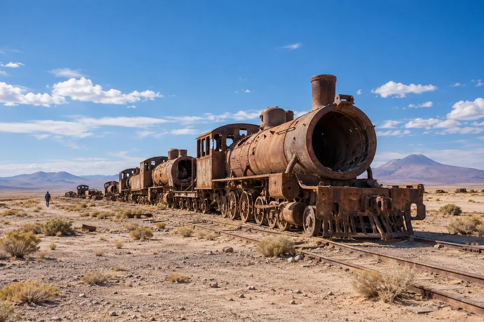 Rusted abandoned steam locomotives in a flat desert; visualisation