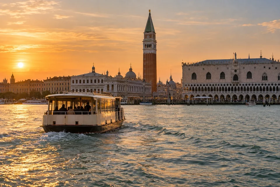 Vaporetto approaching St Mark's Square across the Venetian Lagoon at sunset