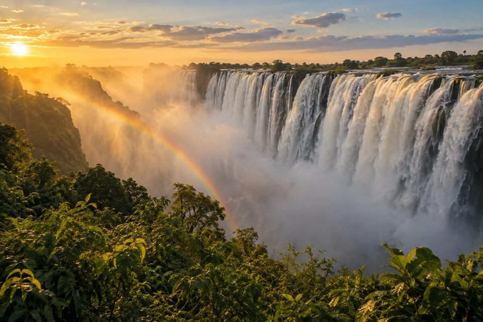 Curtain of water falling into the gorge at Victoria Falls from the Zimbabwe side, with a rainbow