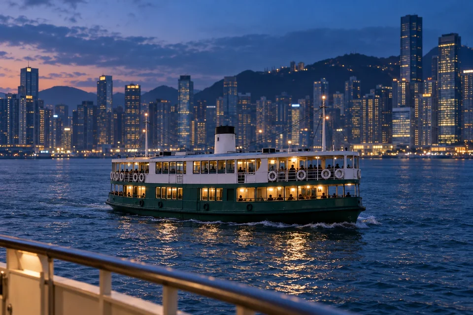 Vintage green and white ferry crossing a harbour at blue hour; visualisation