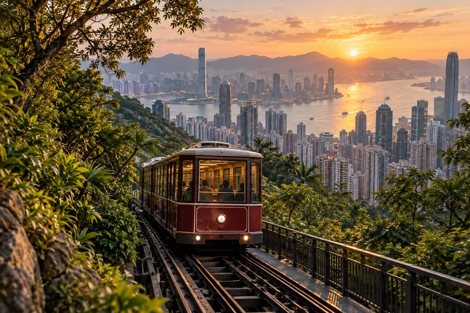 Funicular tram climbing steeply above a skyline and harbour; visualisation