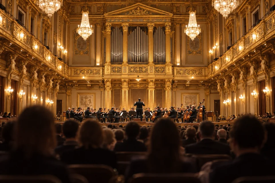String orchestra playing classical music in a gilded Vienna concert hall, seen from the back rows