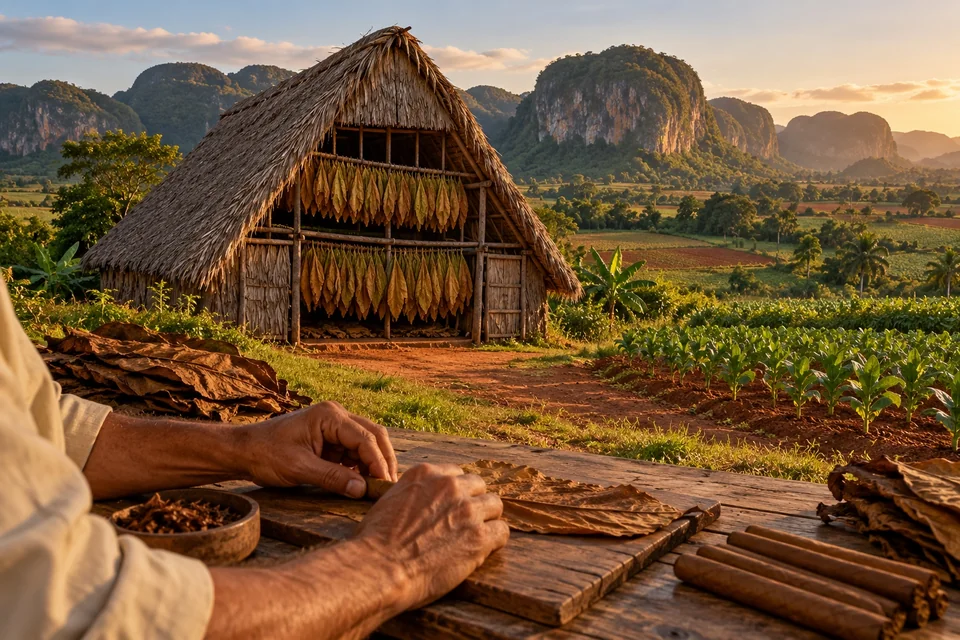 Tobacco drying barn with hands rolling a cigar; visualisation