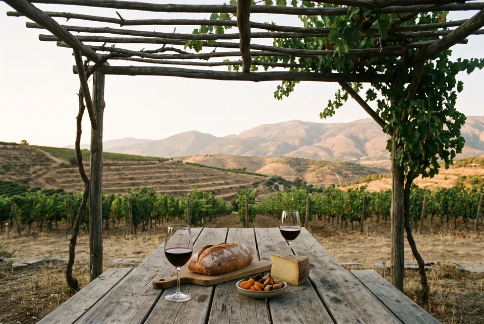 Wine, bread and cheese on a table under a vine pergola at a vineyard estate, visualization