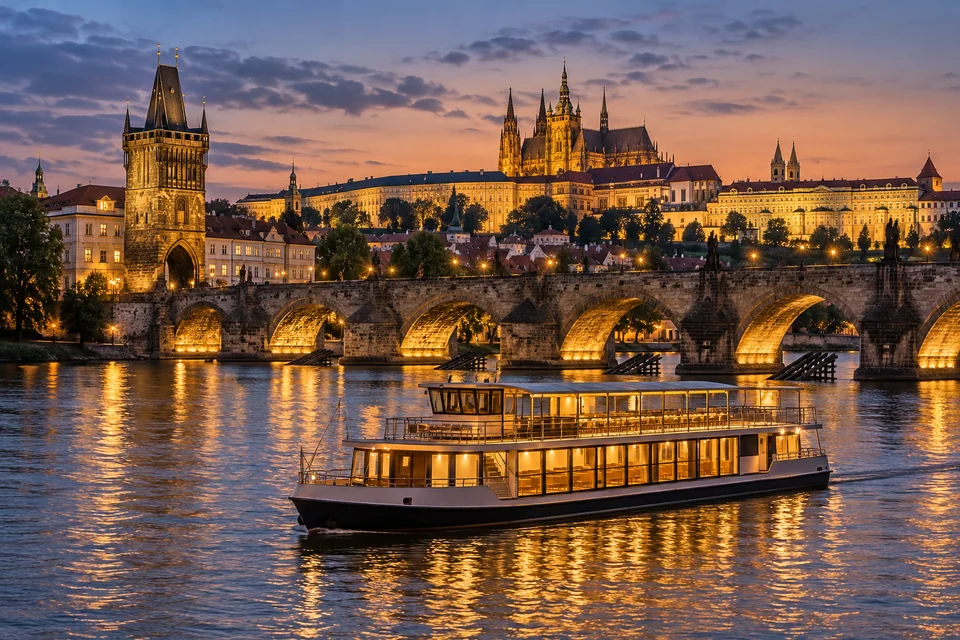 A lit dinner cruise boat on the Vltava below Charles Bridge and Prague Castle at dusk