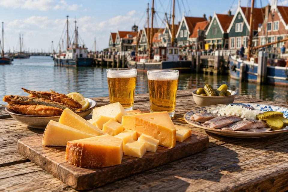 Gouda cheese, beer, herring and fried fish on a wooden table at the Volendam harbour, visualization