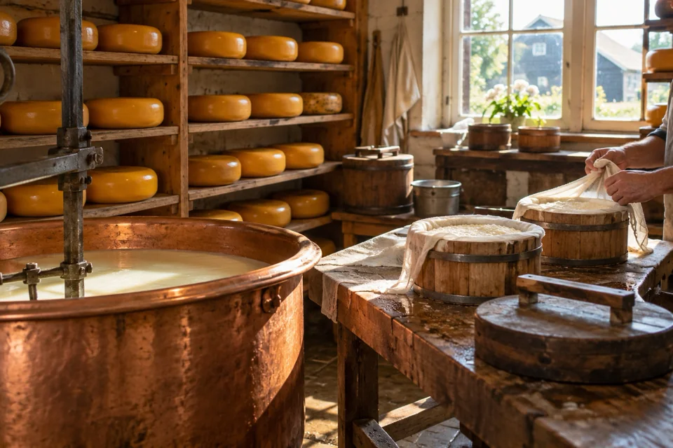 Gouda cheese wheels, a copper vat and wooden moulds in a Dutch farm cheese room with a cheesemaker's hands