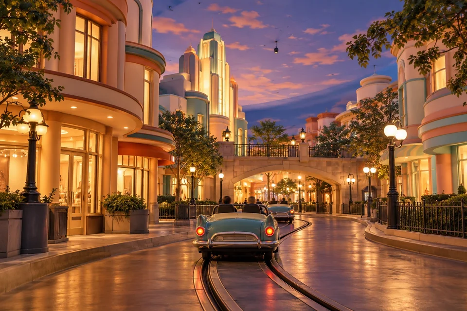 Indoor theme park street in a pastel art deco cartoon style; visualisation
