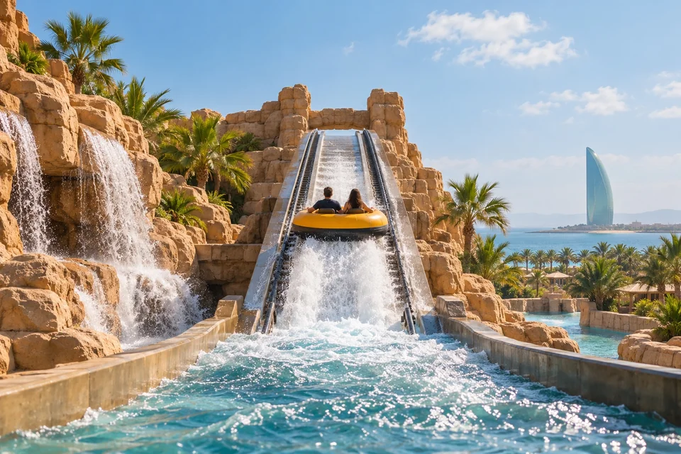 Raft shooting uphill on a water coaster slide; visualisation