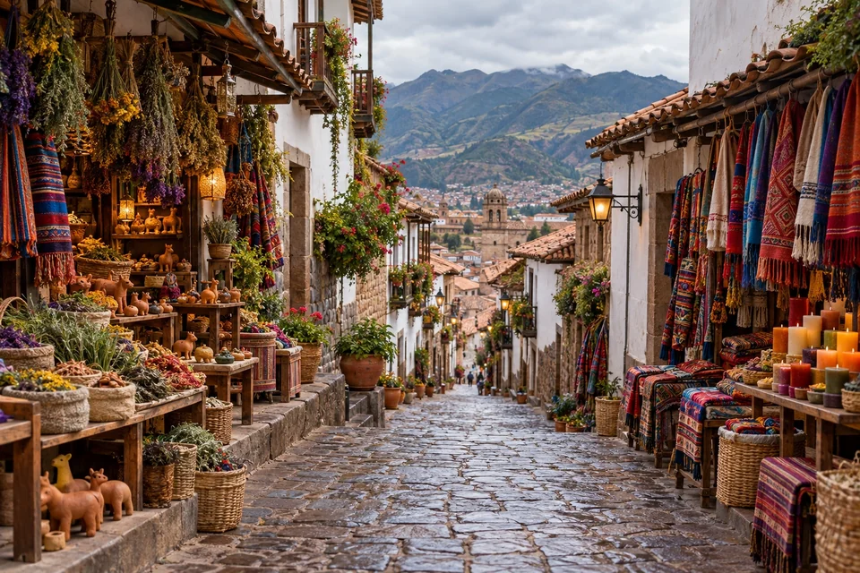 Steep market street with herbs, clay figurines and textiles; visualisation