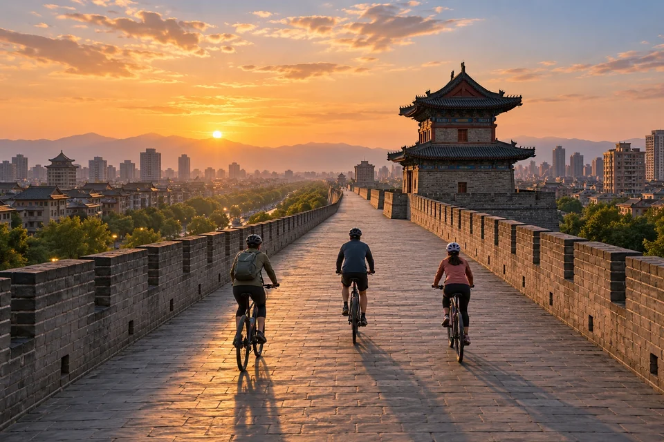 Cyclists riding atop a wide ancient city wall; visualisation