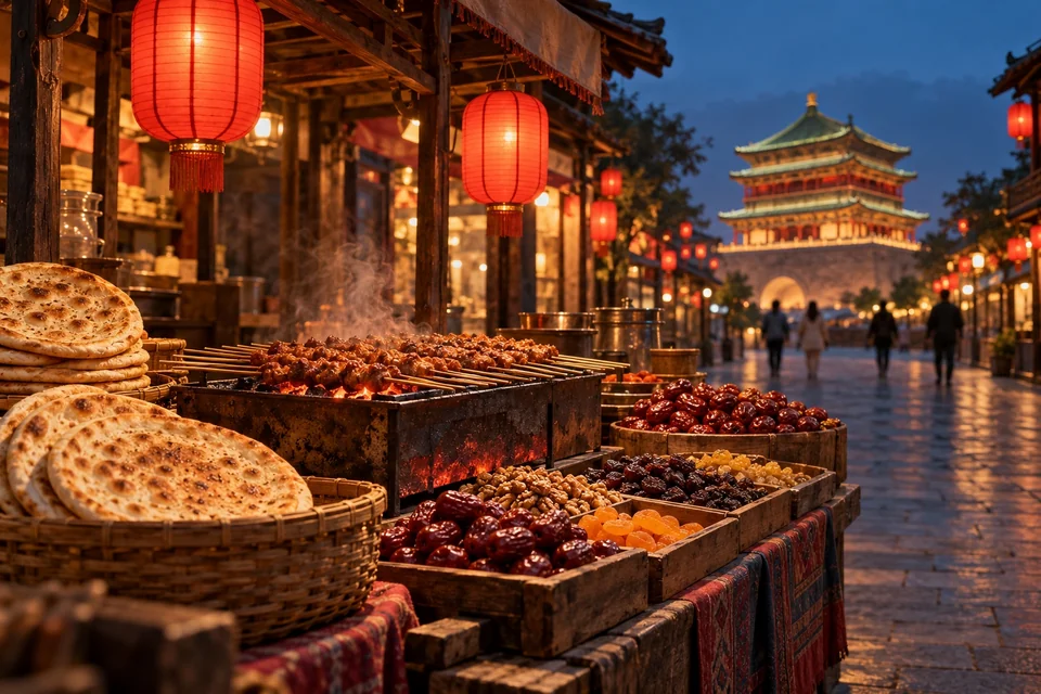 Lantern-lit food street with lamb skewers and flatbread; visualisation