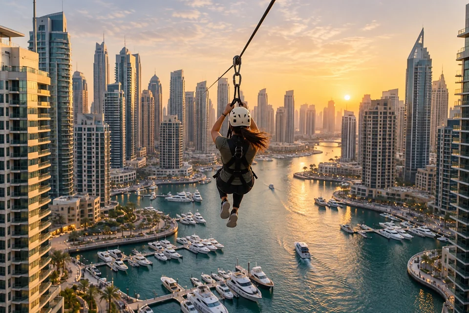 Zipline rider flying between skyscrapers above a marina canal; visualisation
