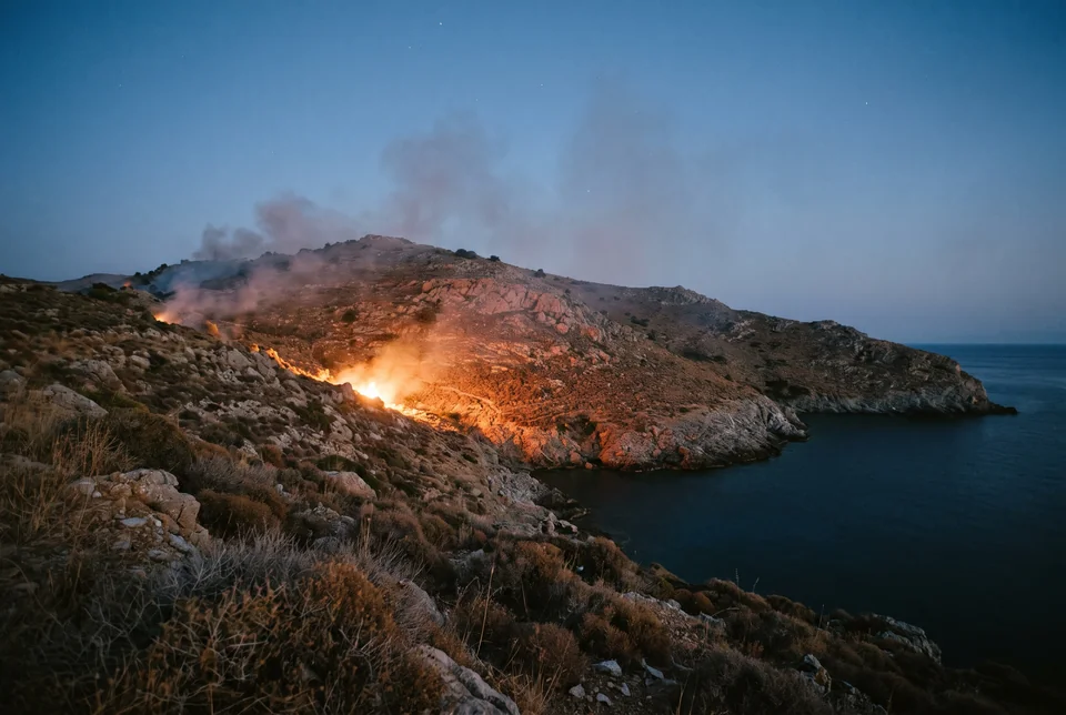 Natural flames burning on a rocky hillside at dusk, visualization