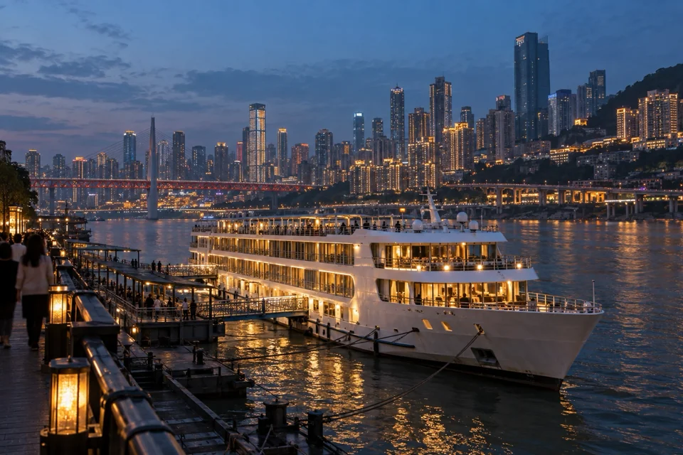 White river cruise ship lit up in the evening on the Yangtze at Chongqing
