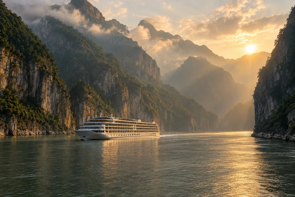 Cruise ship moving along the Yangtze between the steep cliffs of the Three Gorges